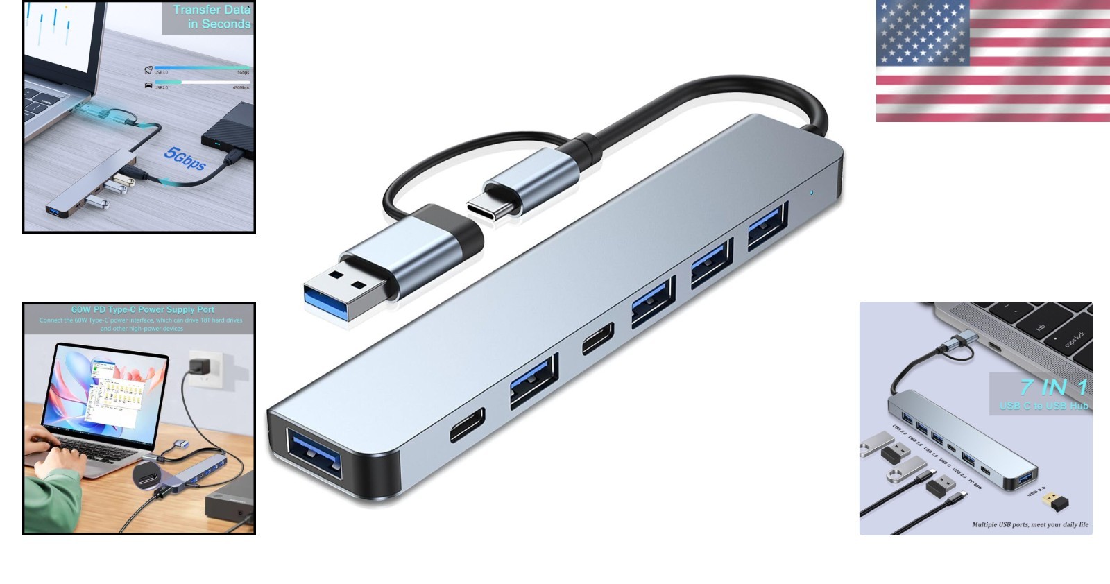 7-in-1 Aluminum USB-C & USB Hub for Seamless Connectivity