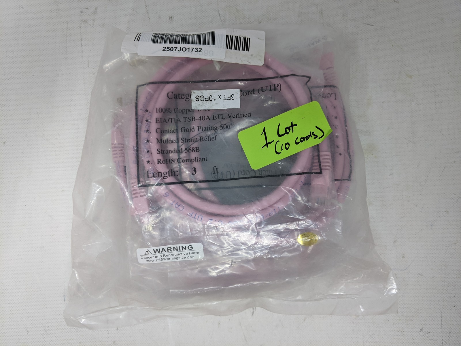 3ft 10pcs Category 6 Patch UTP Cord – Pink – Stranded 568B, RoHS Compliant