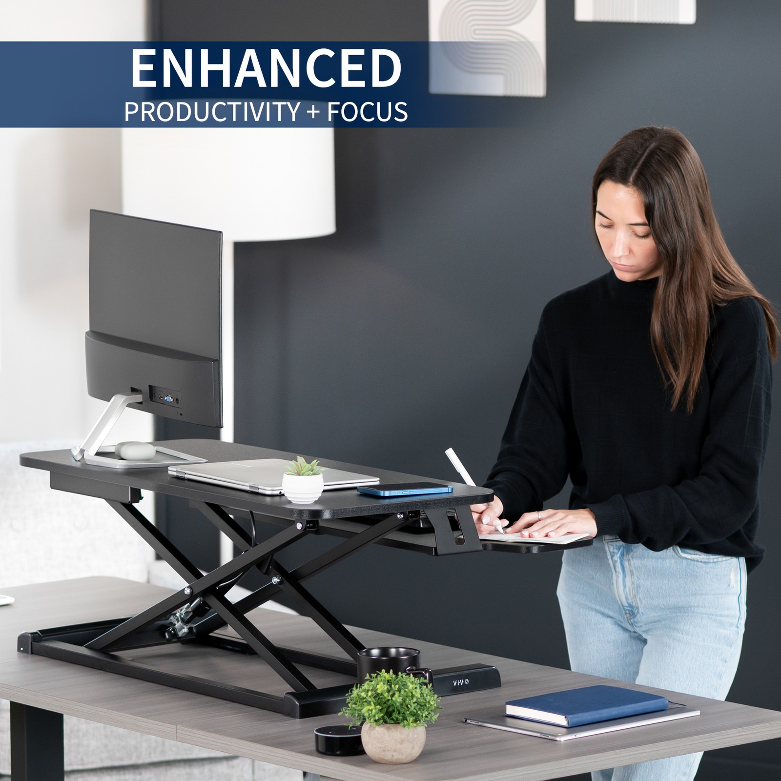 VIVO Black Height Adjustable Standing Desk Monitor Riser 32″ Sit Stand Tabletop