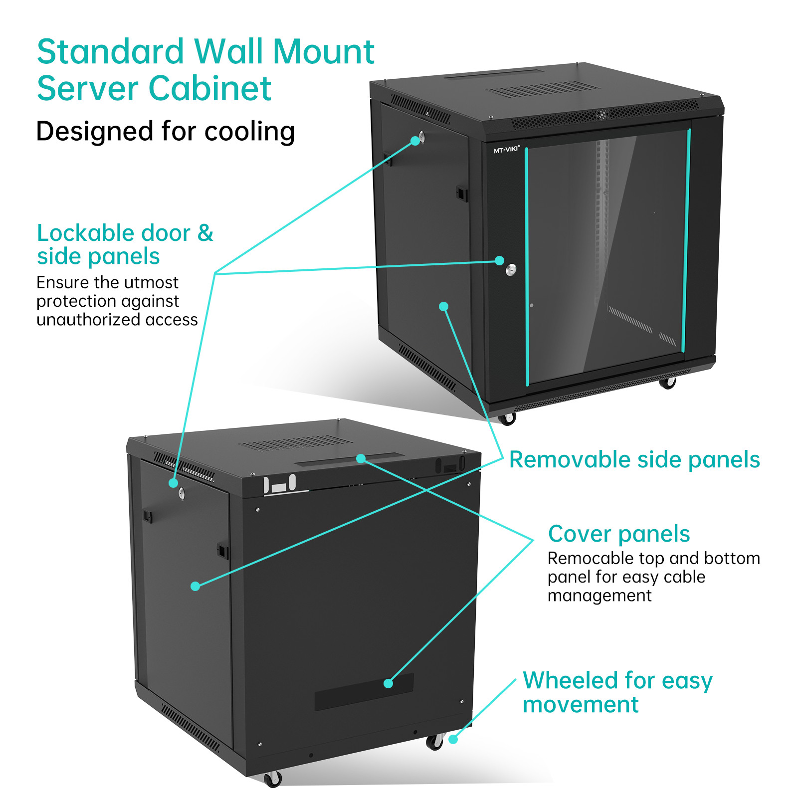 MT-VIKI 12U Server Cabinet Network Rack Vented Enclosure w/Moving Wheel for 19”