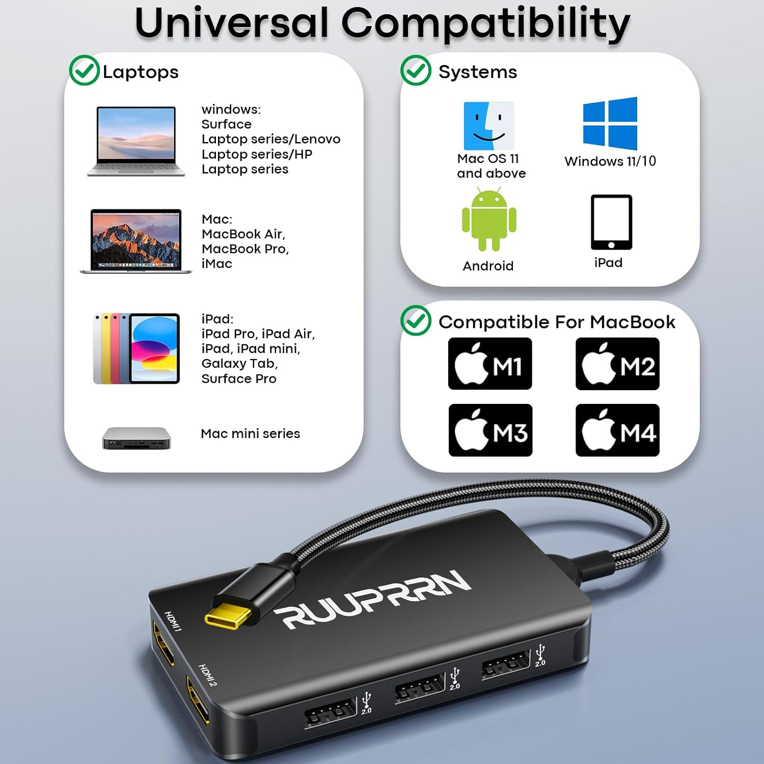 6-in-1 USB Hub (0.99FT), USB C to Dual HDMI Adapter 4K@60Hz, HDMI Splitter Exten