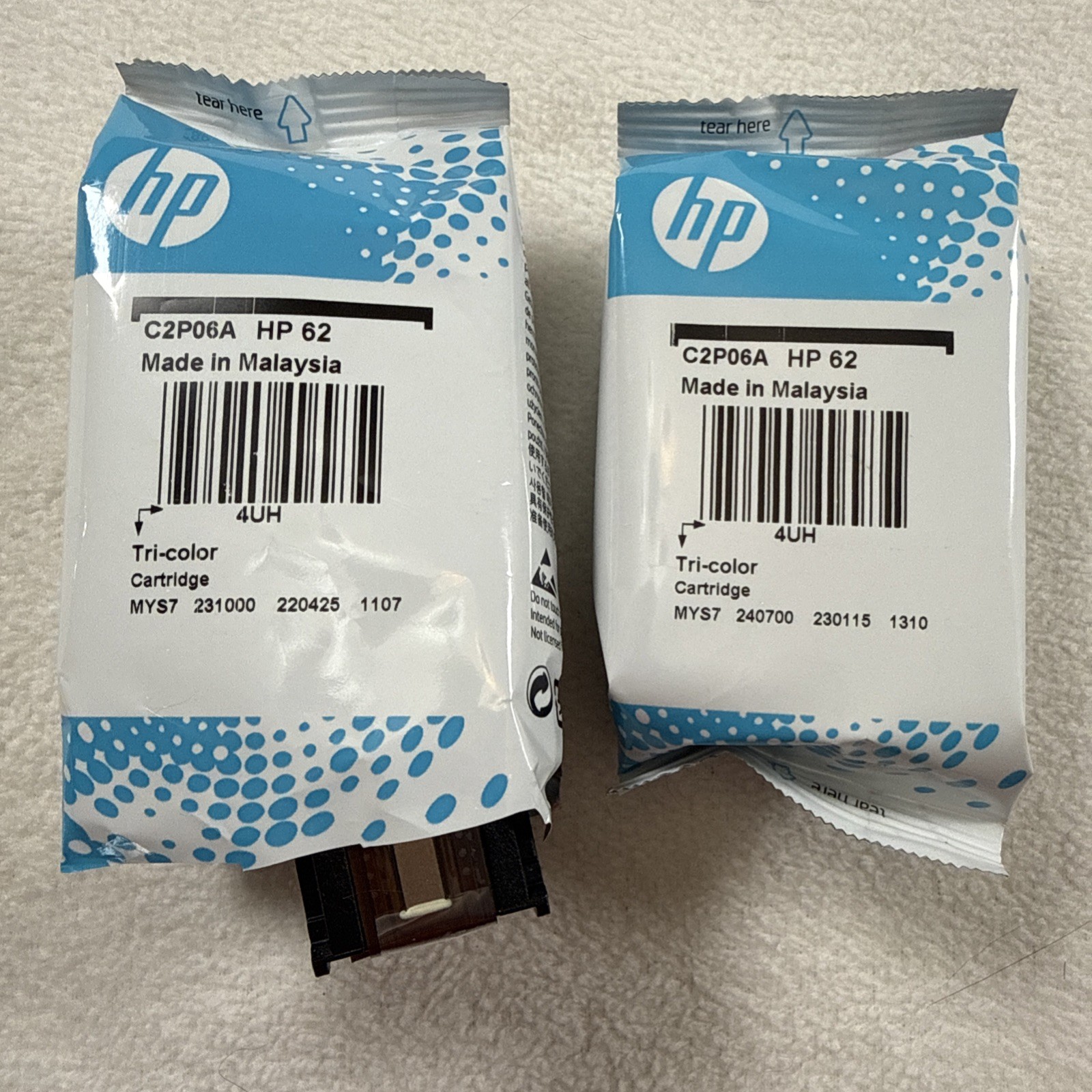 HP 62 Tri Color Ink Lot Of 2 Exp 1/25 Open Package NO BLACK Sealed Ink Wells