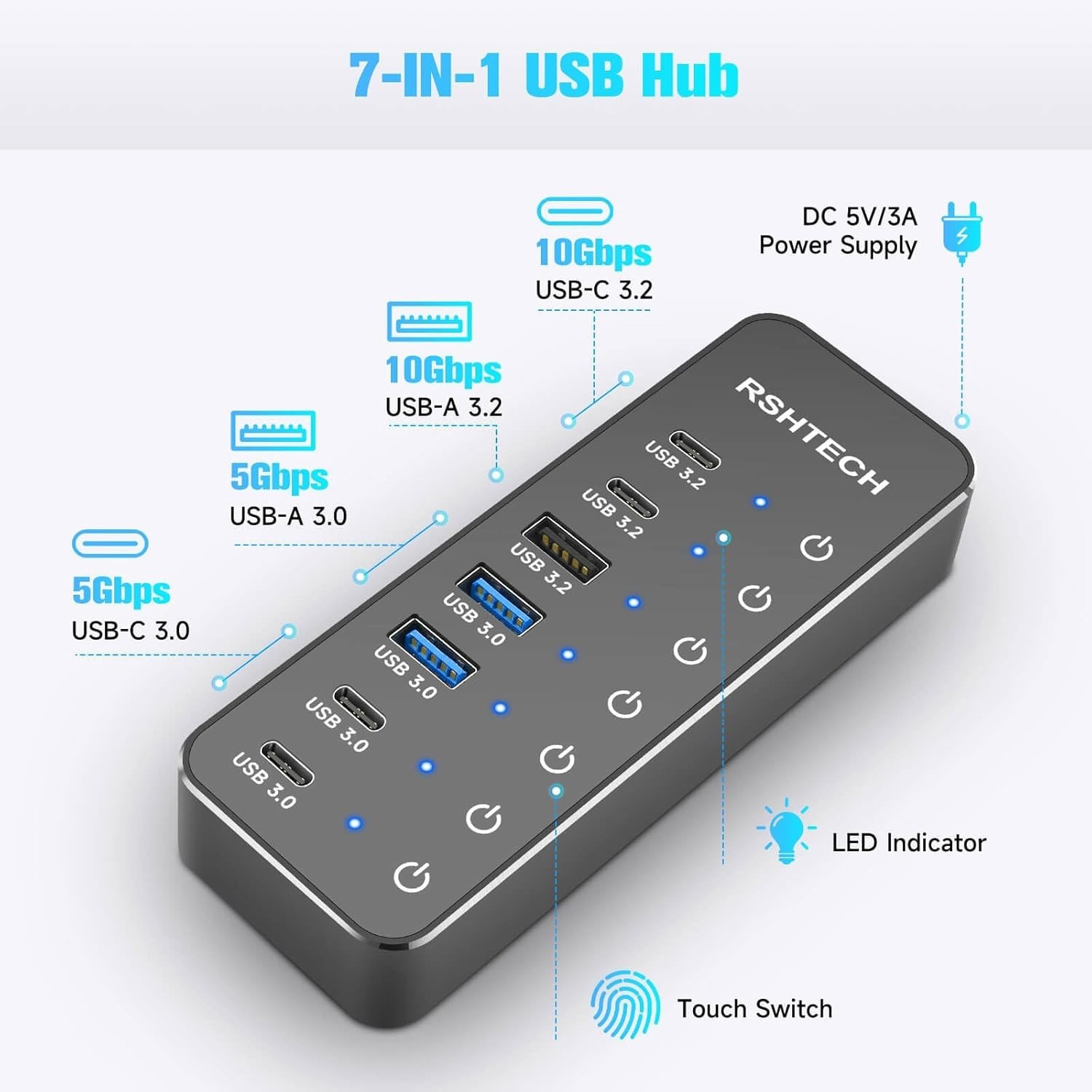 7-Port Powered USB 3.2/USB-C Hub Splitter with 3 X 10Gbps USB-3.2 Ports (2C + 1A