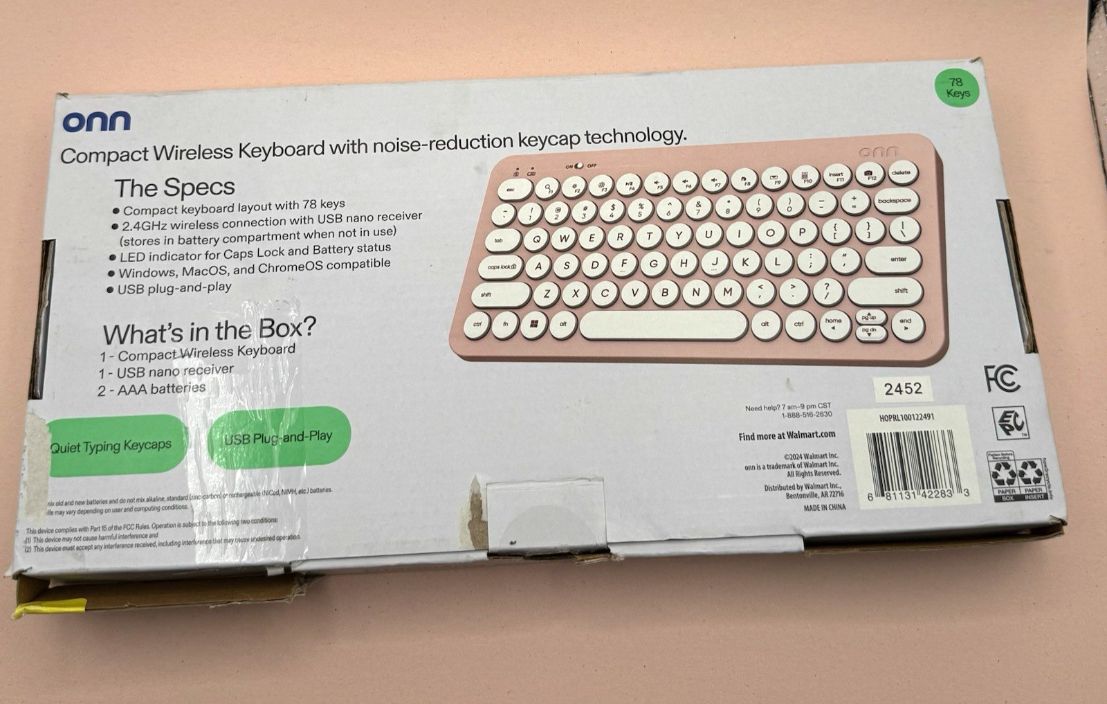 Surf Onn Compact Wireless Keyboard 78 Keys Pink w/ USB Dongle Open Box Tested