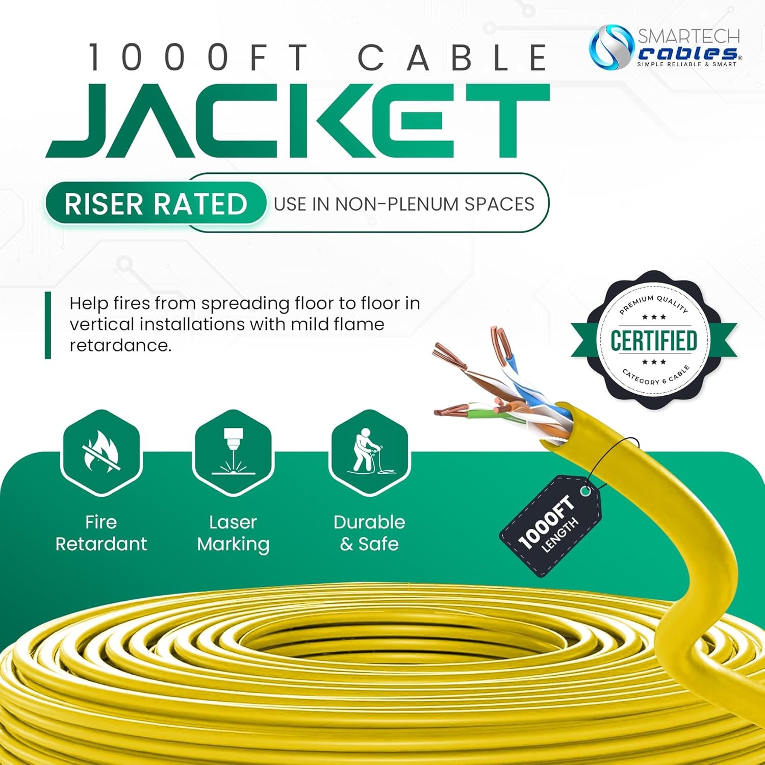 CAT6 4 Pair UTP Riser CCA Rated CMR 550Mhz 23AWG Ethernet Cable 1000ft White