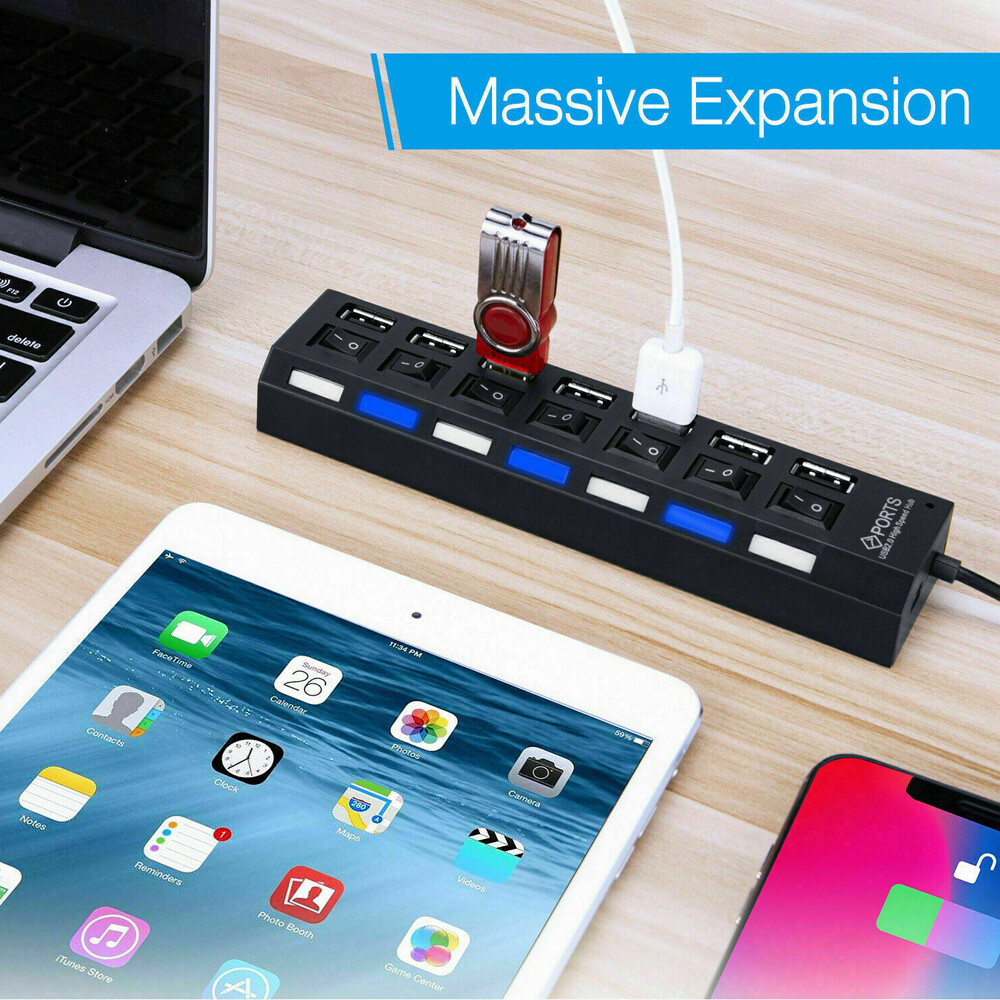 7 Port USB 2.0 / 3.0 Hub Splitter Adapter High Speed For PC Laptop Mac Desktop