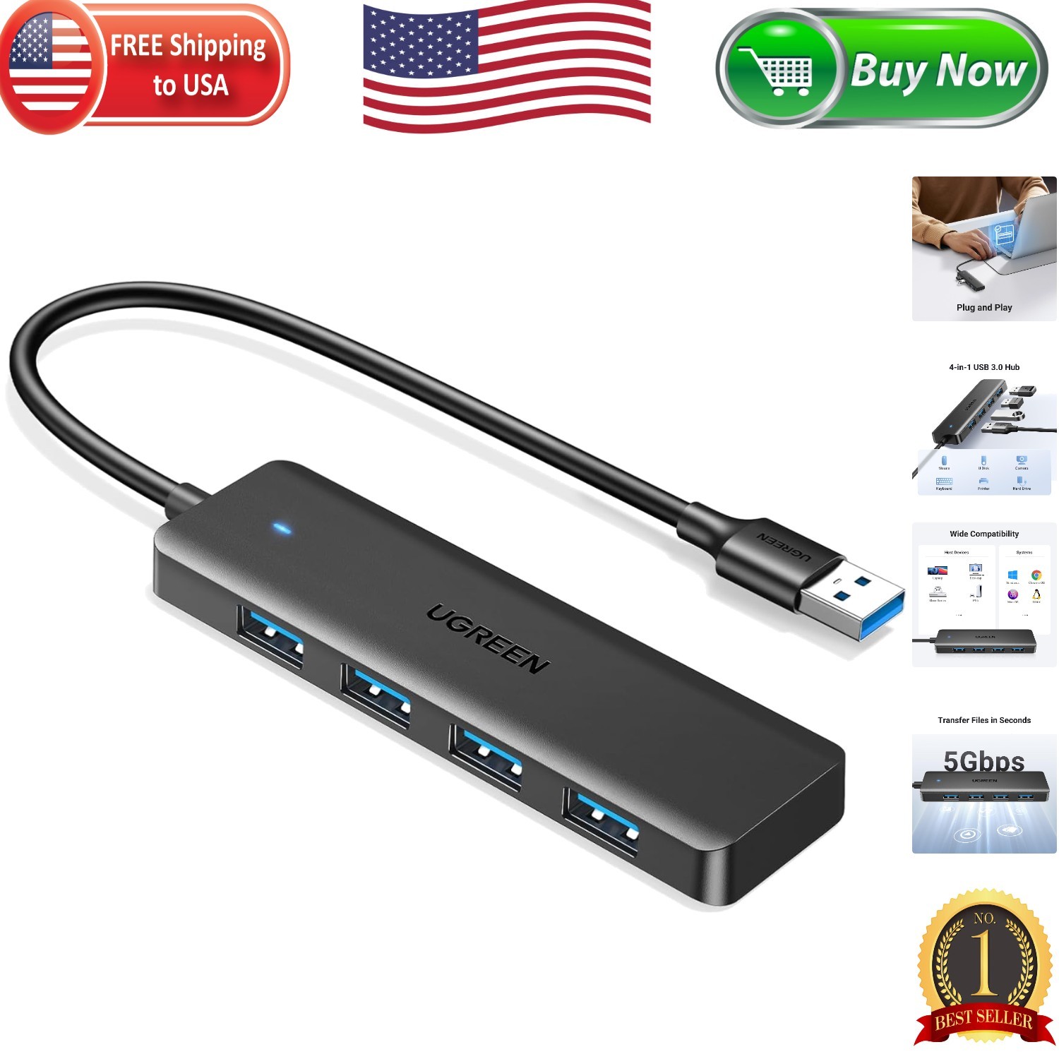 Compact 4-Port USB A Hub – Plug and Play USB 3.0 Expander for Multiple Devices
