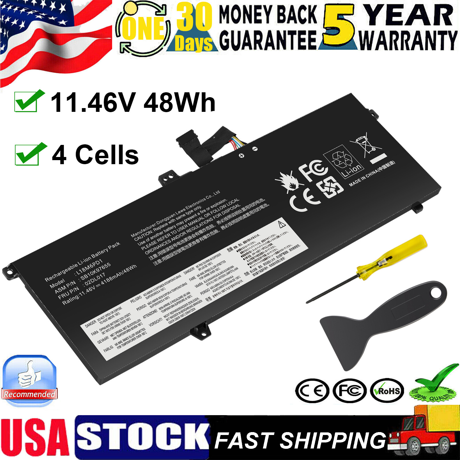L18M6PD1 Battery for Lenovo X390 X395-SB10K97655 02DL017 02DL018 02DL019 02DL020