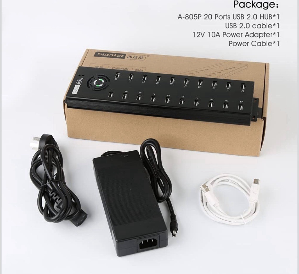 Sipolar A-805P 20-Port USB 2.0 Powered Charging Hub Black 5V