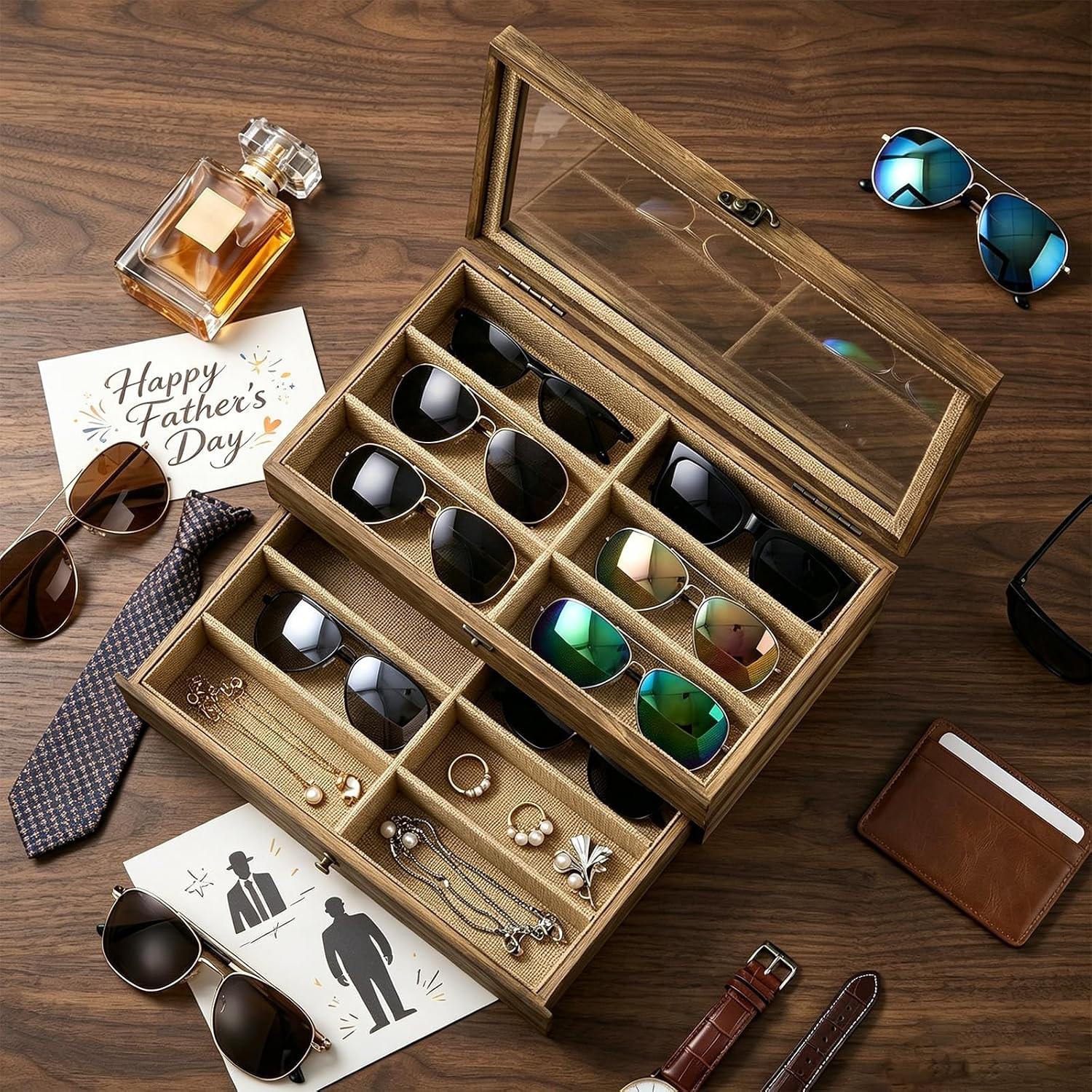 Sunglasses Case Organizer for Women Men, 12 Slot Wood Eyeglass Eyewear Display B