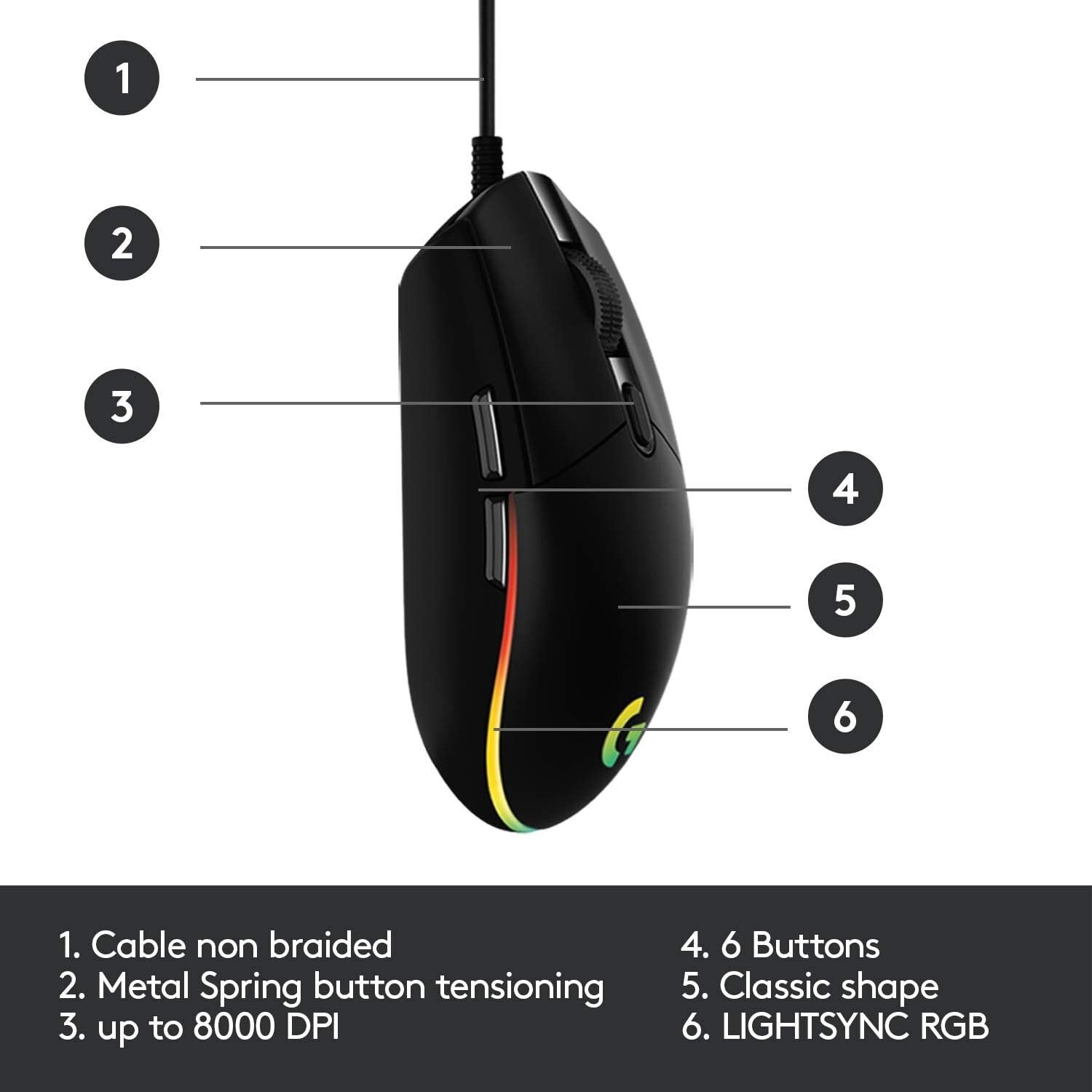 Logitech G203 LightSync Wired Gaming Mouse–Black