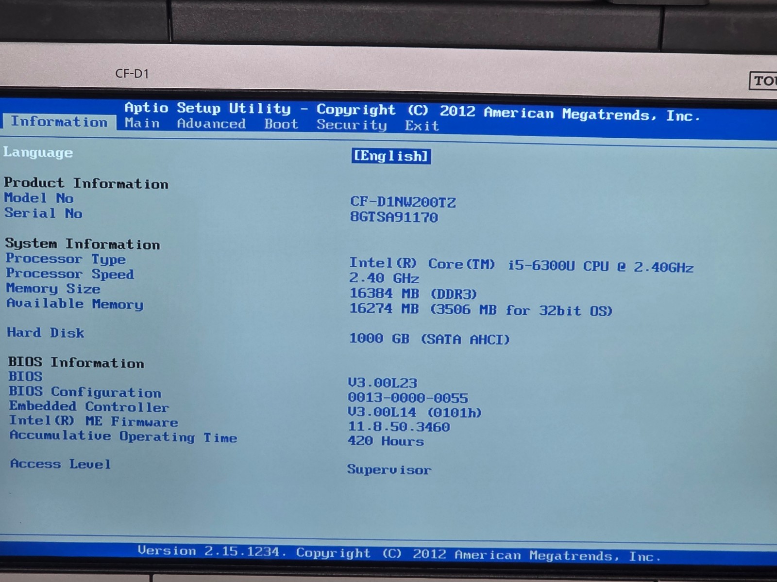 PANASONIC TOUGHBOOK CF-D1 MK3 i5 2.40GHZ 16GB 1TB SSD TABLET GRADE A 420HRS