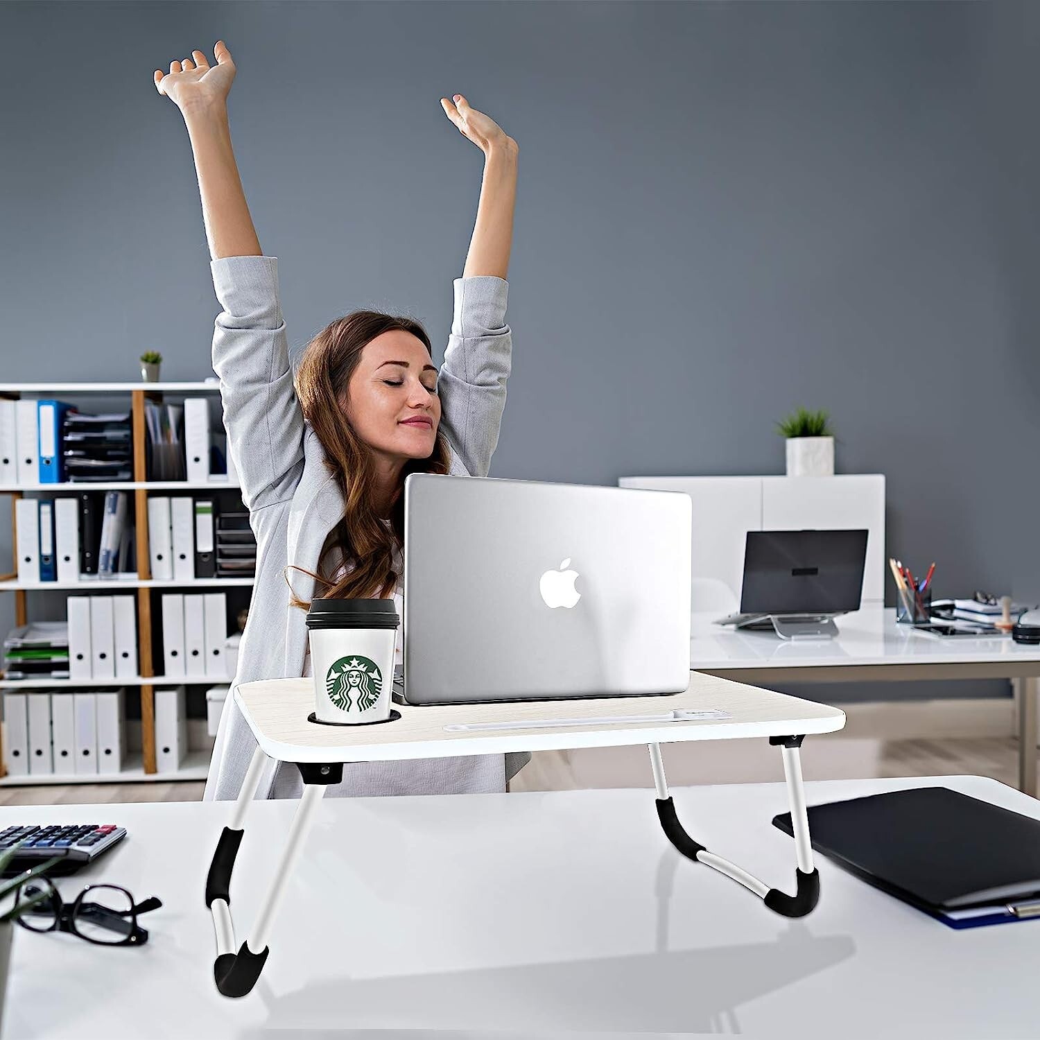 Laptop Bed Desk, Foldable Laptop Lap Desk Tray Table with USB Charge Port, White