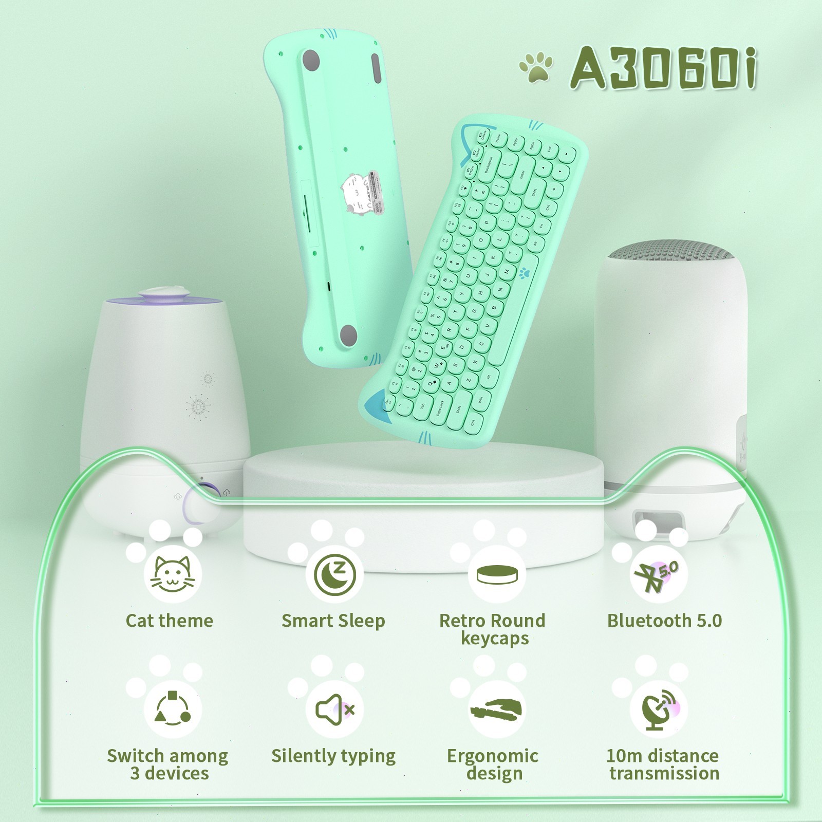 AJAZZ 3060i Cute Cat Ear Wireless Keyboard 84 Keys Silent Round Retro For PC Mac