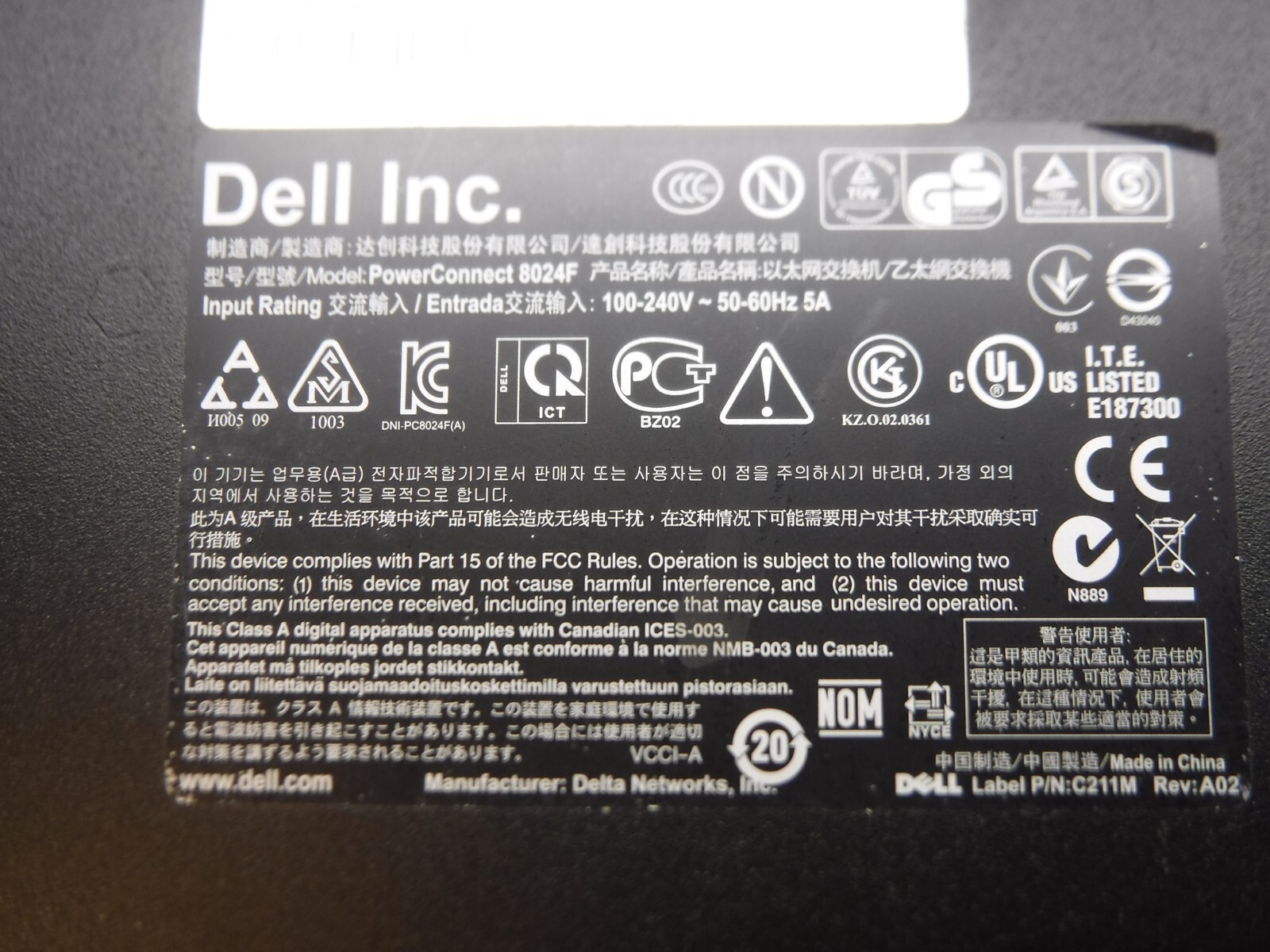 Dell Inc. P/N: C211M Rev: A02 Power Connect 8024F Network Swtich