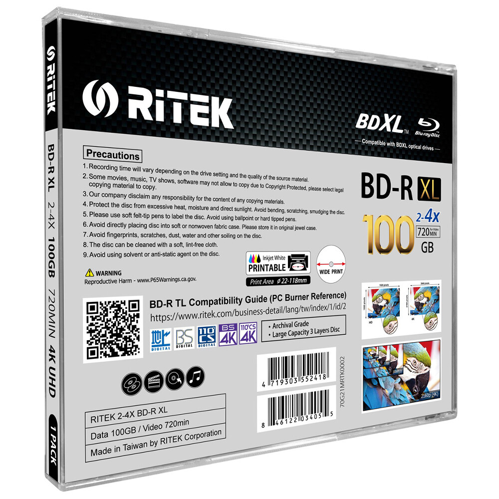 Ritek BD-R XL BDXL 4X 100GB Archival 3-Layer White Inkjet Printable Blank Disc