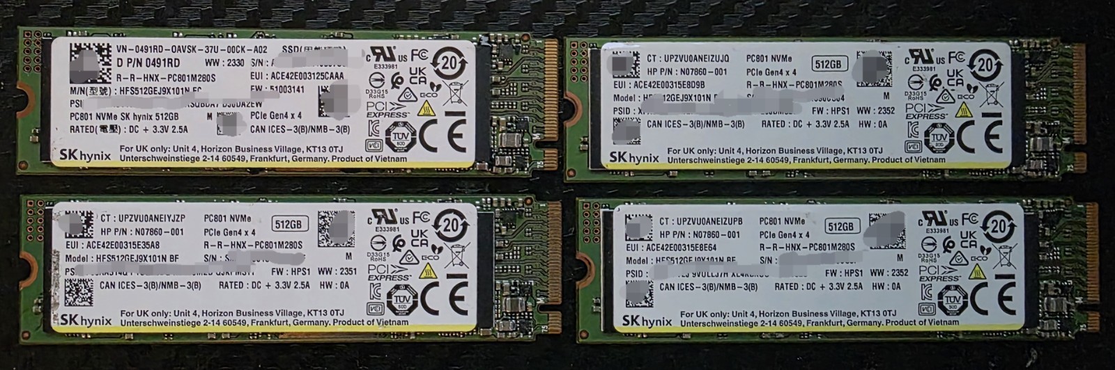 SK Hynix PC801 512GB M.2 2280 NVMe SSD (100% Health) – Lot of 4