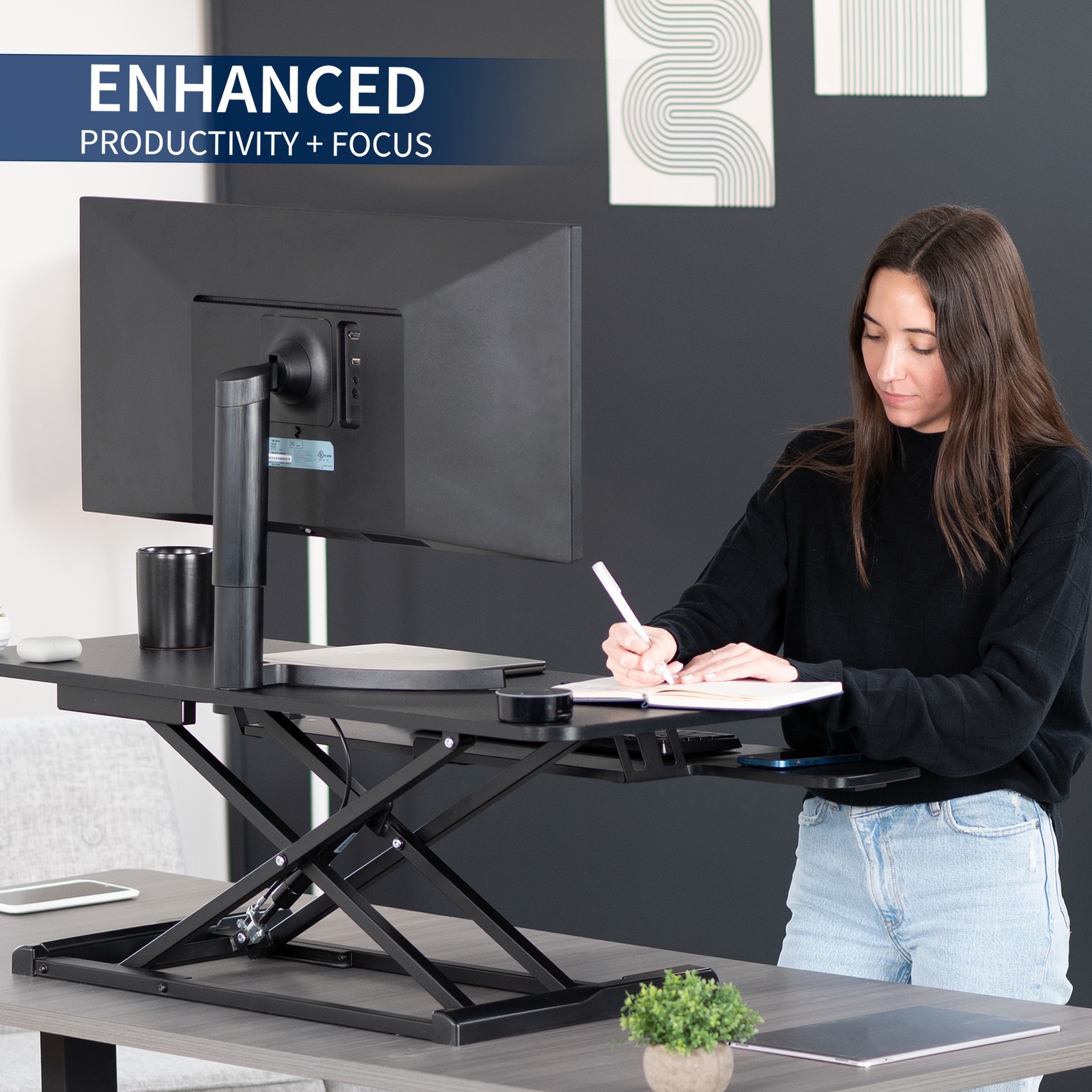 VIVO Black Height Adjustable 42″ Standing Desk Monitor Riser, Sit Stand Tabletop