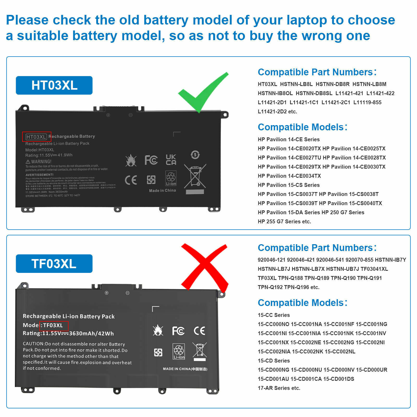 LOT 1-50 HT03XL Battery for HP Pavilion L11421-2C2 L11119-855 15-CS 15-DA 41.9Wh