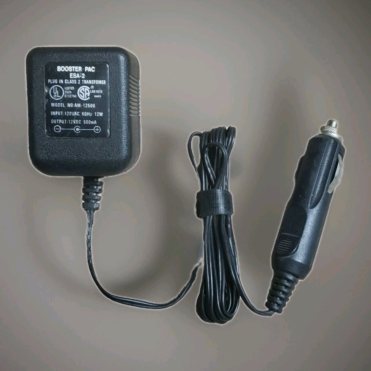 BOOSTER-PAC AC Adapter Power Supply 12VDC 500mA w automotive plug AM-12500 ESA-2