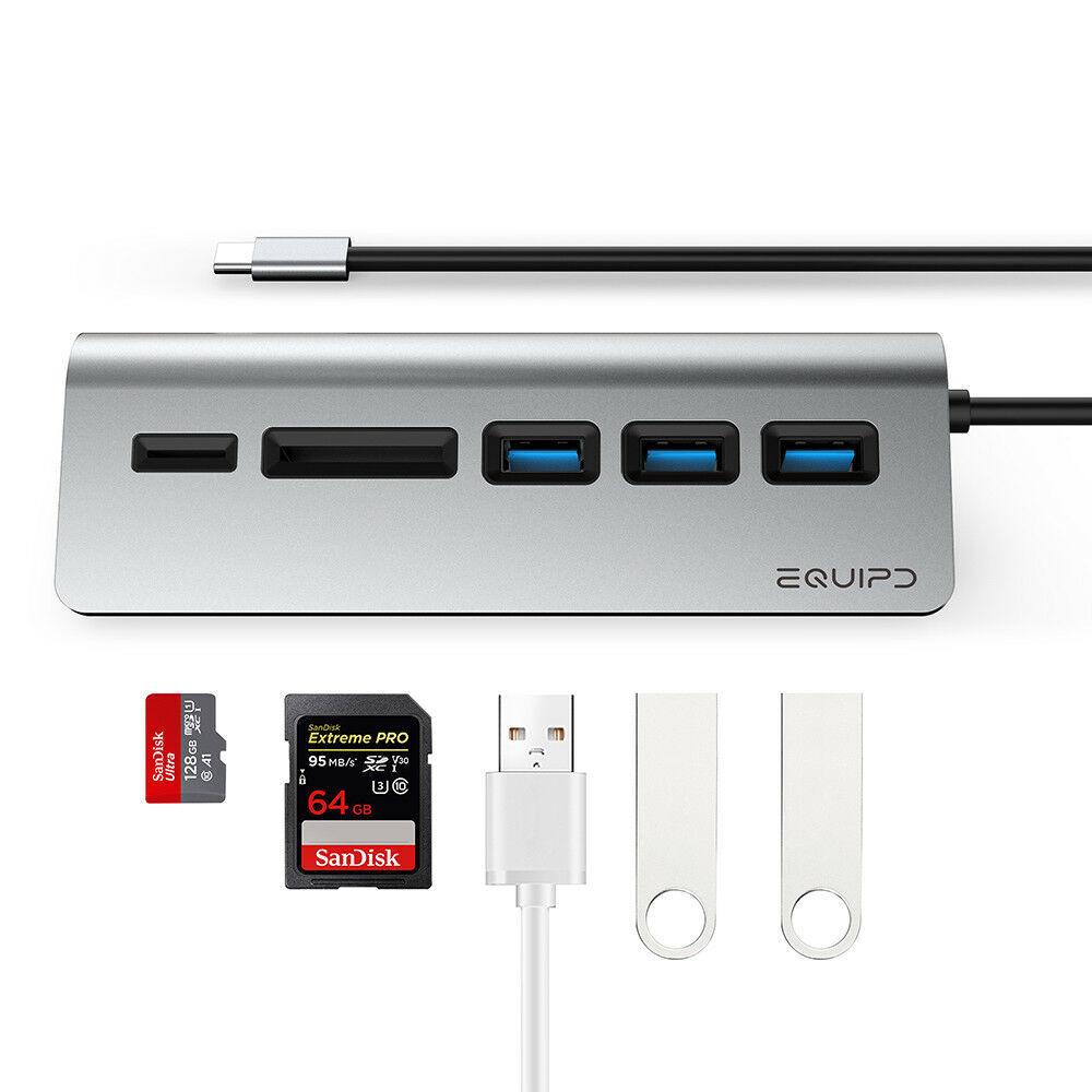 Aluminum USB Type-C Hub Adapter w/3 USB 3.0, SD/TF Card Reader for iMac Macbook