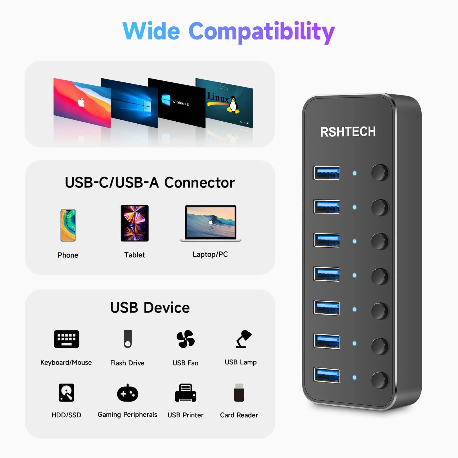 Powered 7 Port USB 3.0/USB C Hub Aluminum Splitter 2In1 Cable 5V 3A Adapter