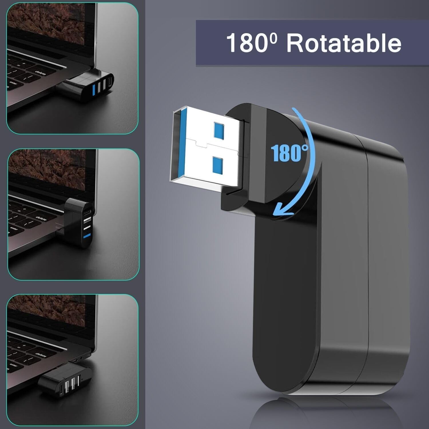 4-Port USB 3.0 Hub – Rotatable Design & 5W USB C Power Adapter for Versatility