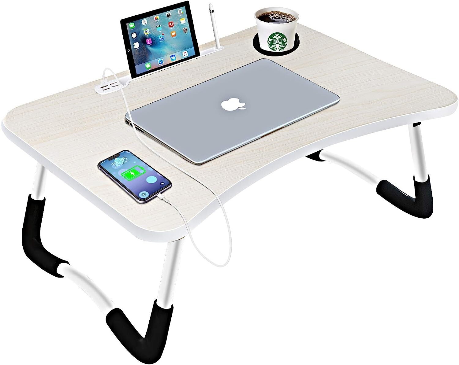 Laptop Bed Desk, Foldable Laptop Lap Desk Tray Table with USB Charge Port, White