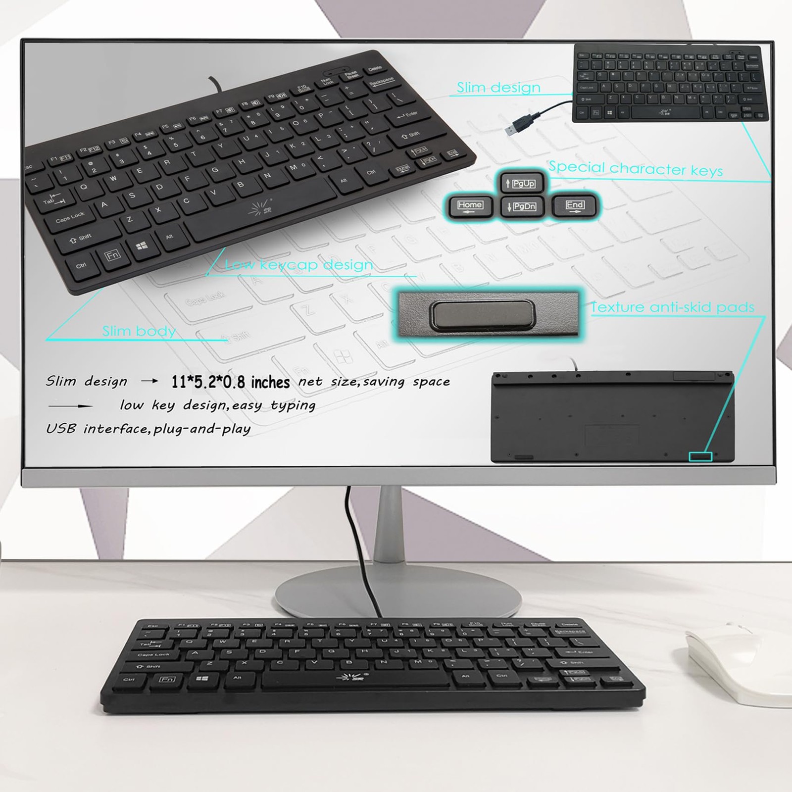 SR Mini Keyboard Wired Thin Light 78 Keys USB Multimedia Small for Pc Computer