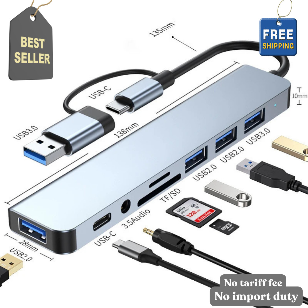 8 In 2 USB HUB With Splitter Card Reader, USB C Port, USB 3.0 / 2.0, SD/TF Split