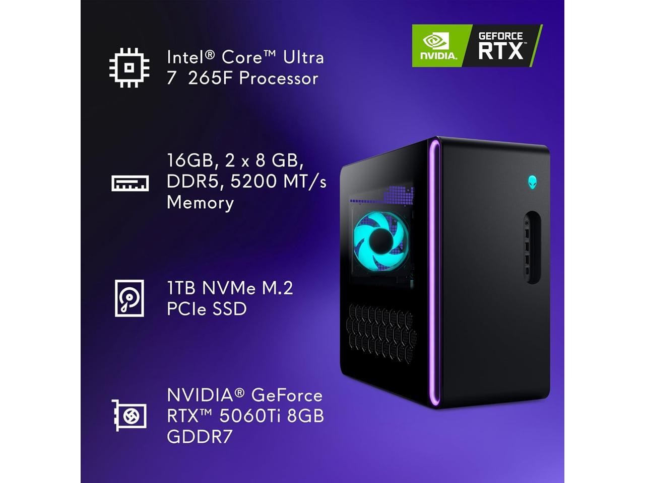 Alienware Aurora Gaming Desktop ACT1250 – Intel Core Ultra 7 265KF Processor, Ai