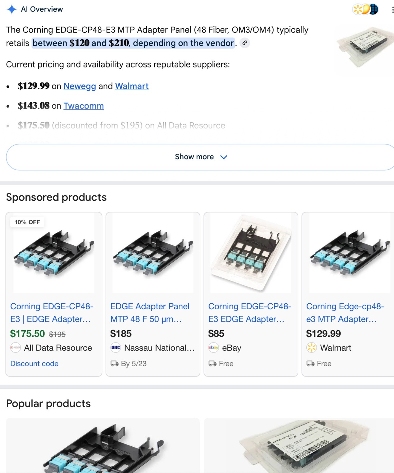 NEW Genuine Corning EDGE-CP48-E3 MTP Panel, FOUR Aqua Adaptors 546918 FREE Ship