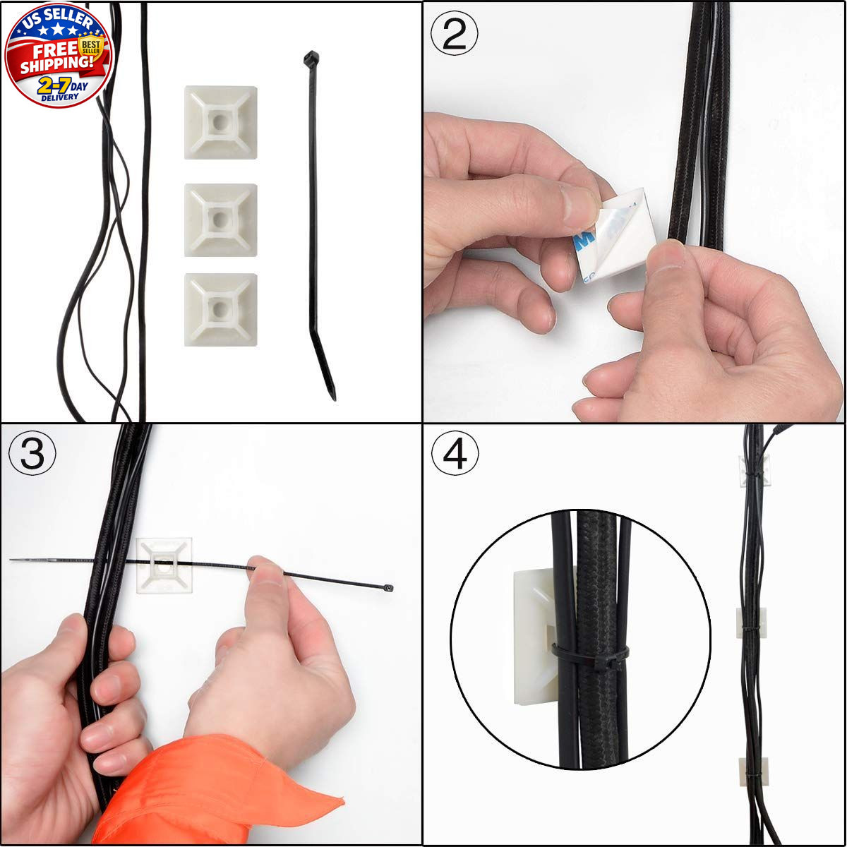 100 PCS 1.1″ Black Self Adhesive Cable Zip Tie Mounts Wire Cable Clips Holder…