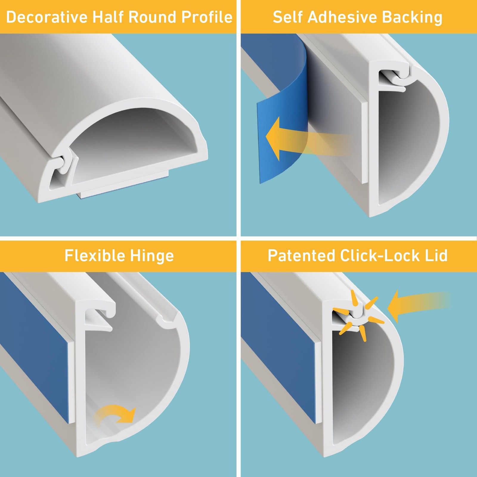 D-Line Half Round Cord Hider, Patented Cable 0.78in (W) x 0.39in (H), White