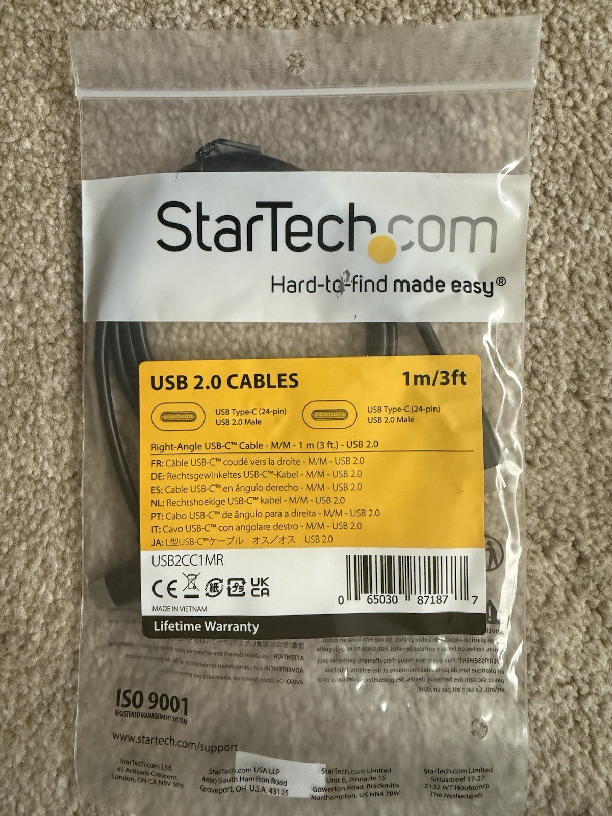 StarTech.com Right-Angle USB-C Cable – M/M – 1 m (3 ft.) – USB 2.0