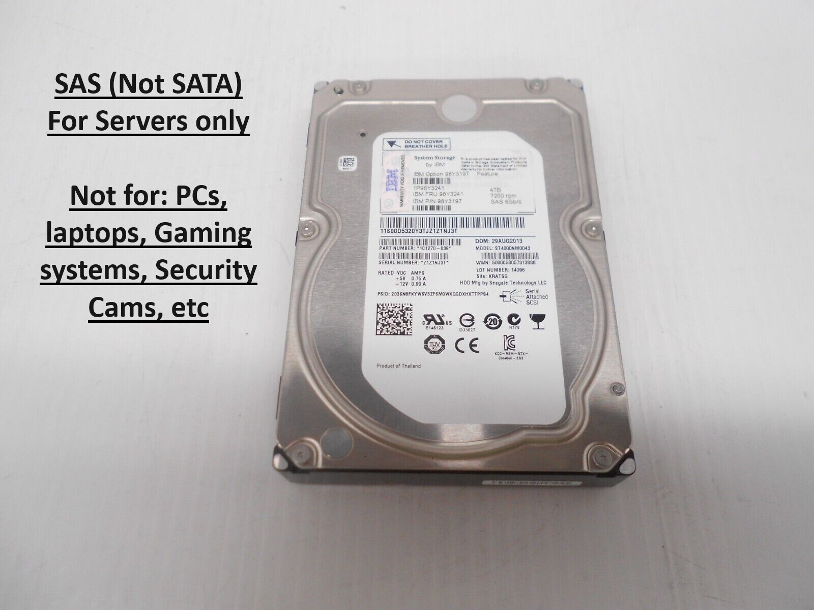 Seagate 4TB 7.2K SAS Server Storage Hard Drive HDD 3.5” ST4000NM0043 Dell HP