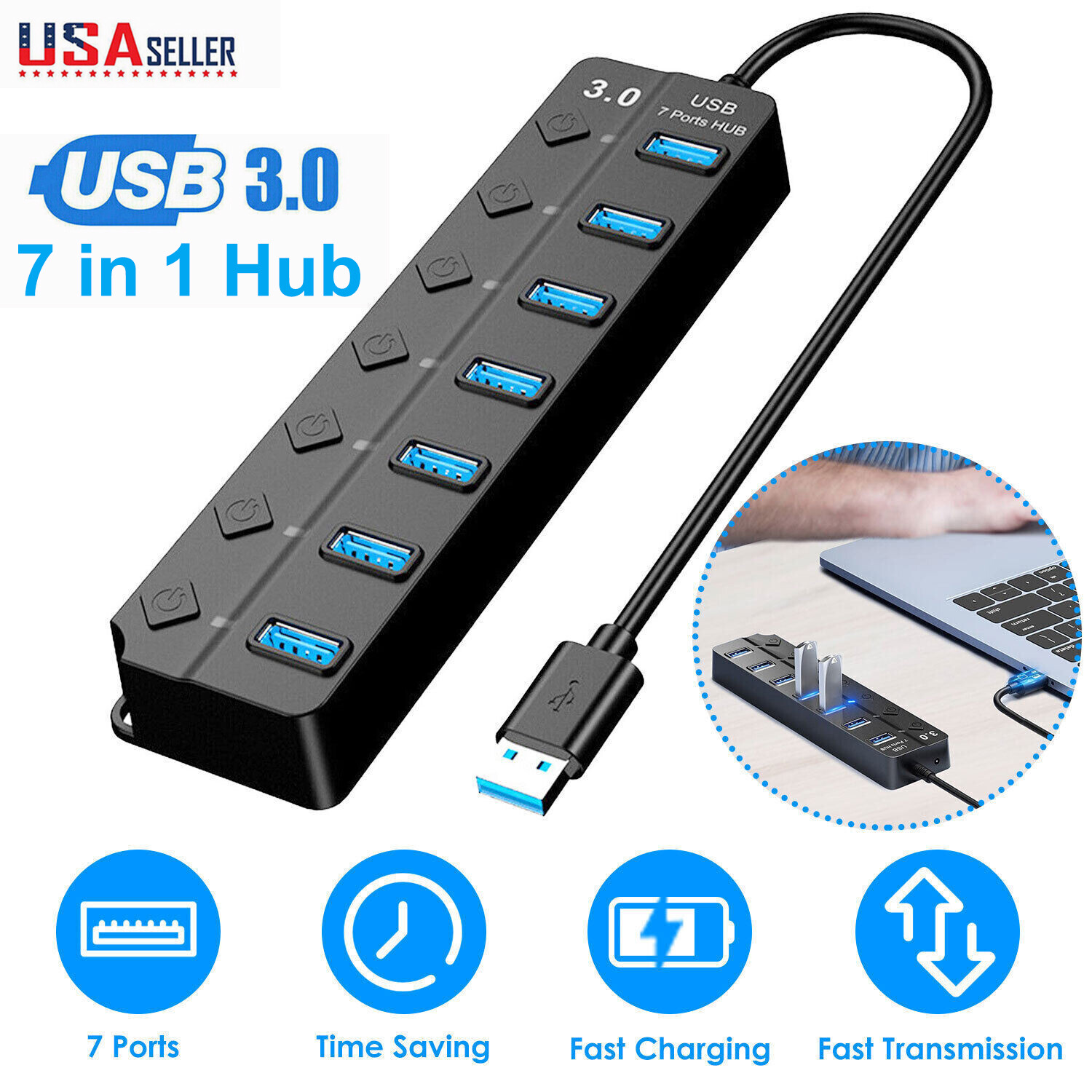 7 Port USB 3.0 Hub Splitter Adapter Cable High Speed For PC Laptop Mac Desktop