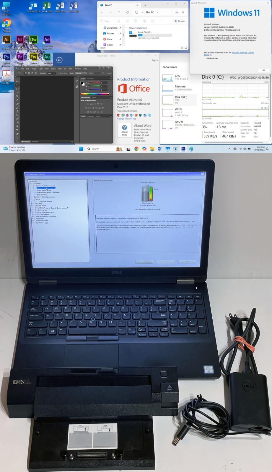 DELL Latitude E5570 15.6” i5 16GB 512GB W10/W11 Adobe CS 6.0 Office 2016 Dock