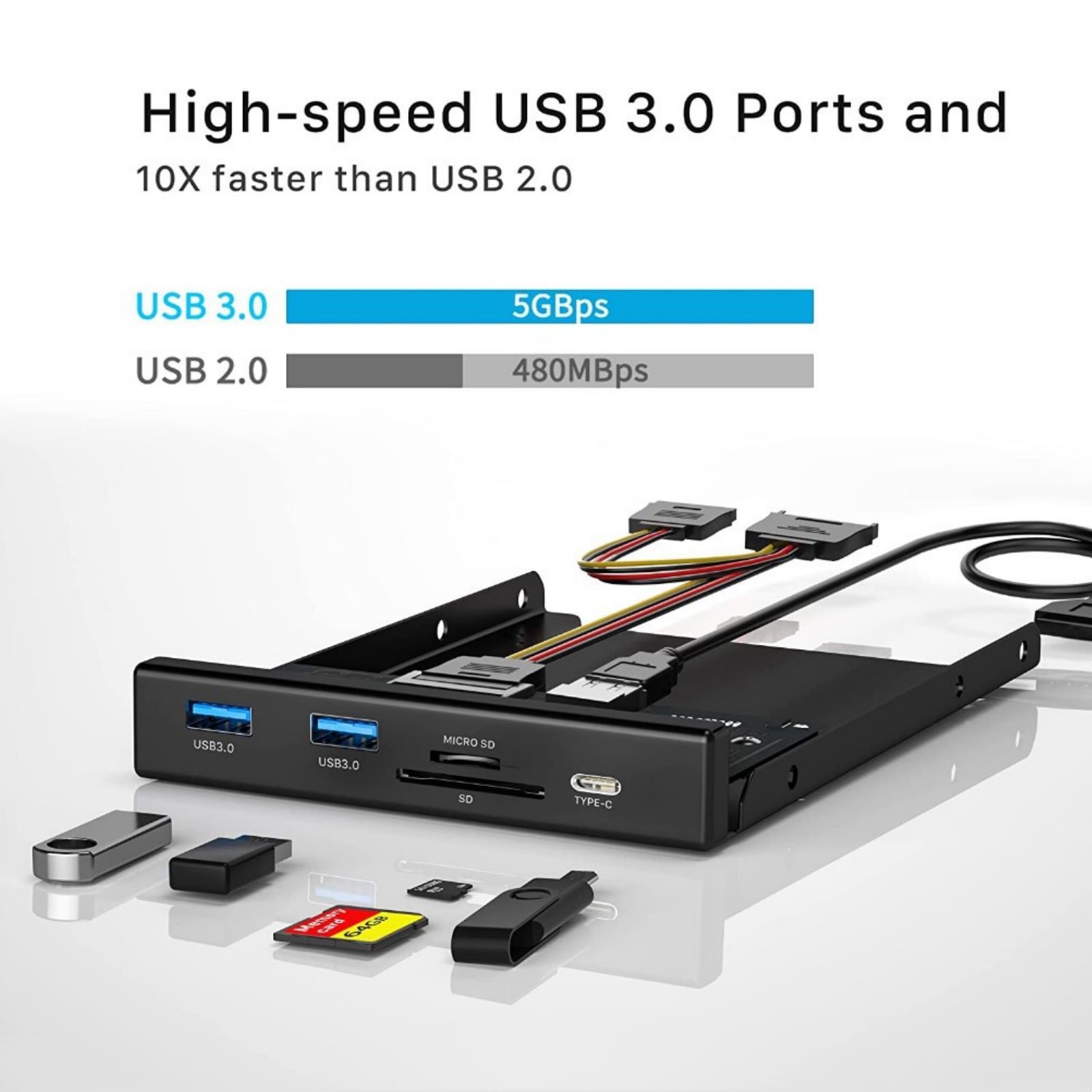 Front Panel 1*Type-C 2*USB 3.0 Type-A 1*Micro SD/TF 5Gbps 3.5″ Open Bay Space