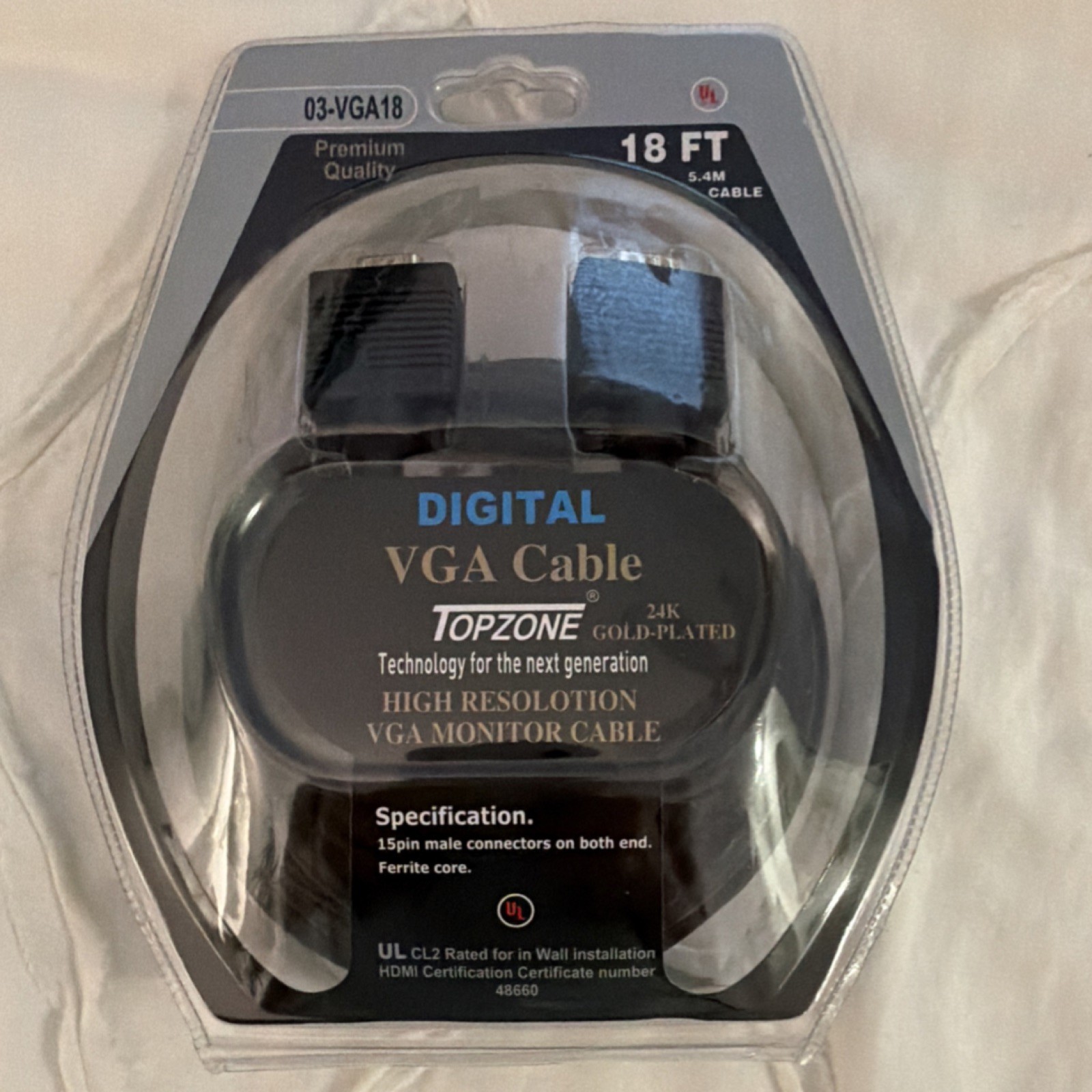 Topzone 03-VGA18 18 ft VGA/SVGA D-Sub Male to Male Cable, Black, Ferrite Core