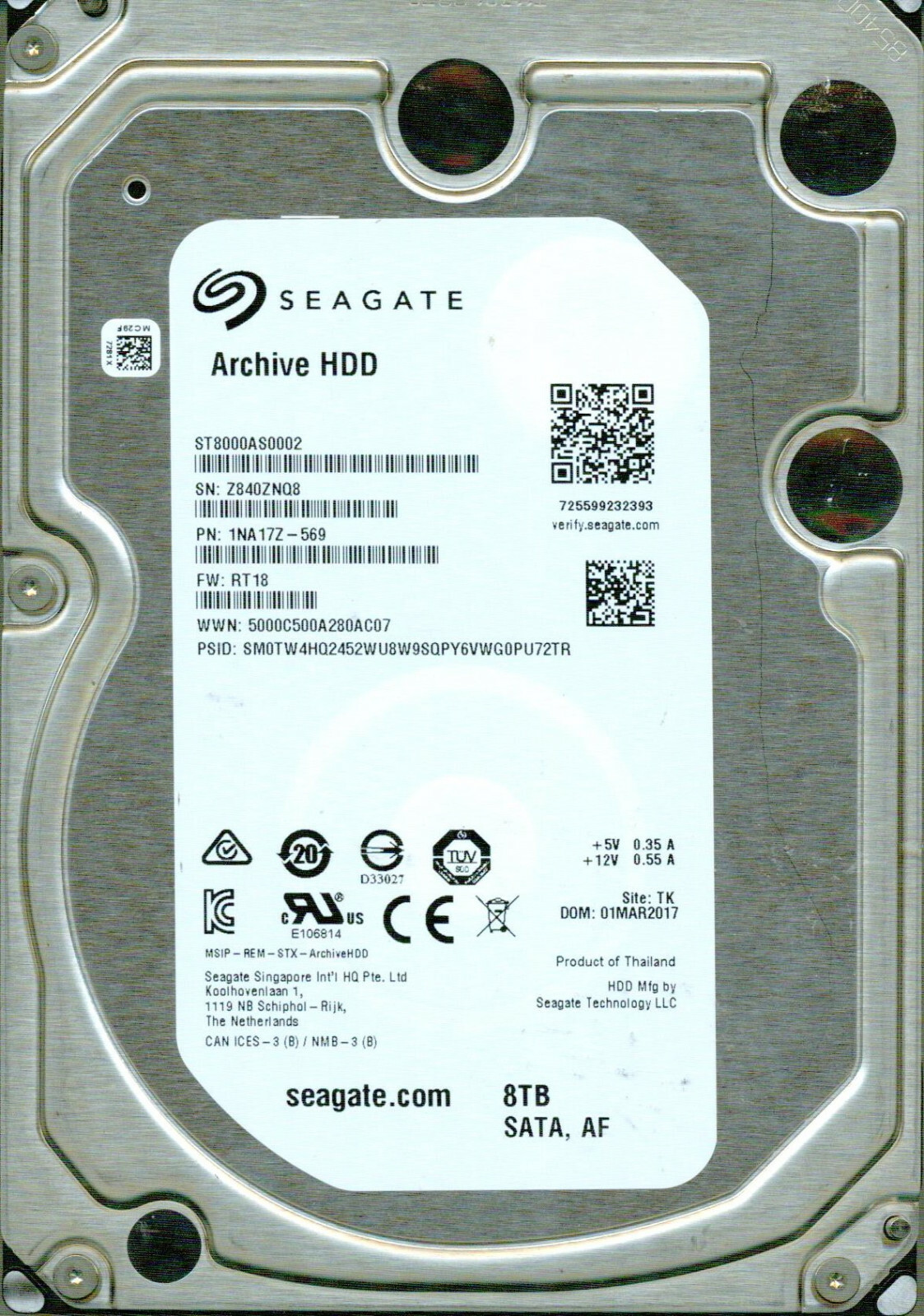 ST8000AS0002, 1NA17Z-569, RT18, TK, Z840, SEAGATE 8TB MAR 2017