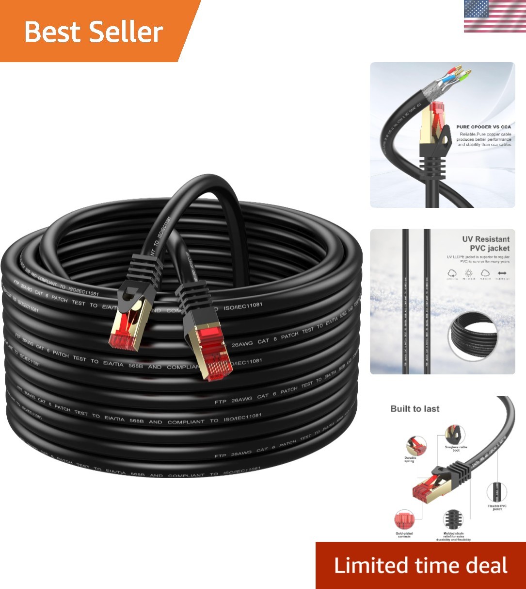 Cat6 Outdoor Ethernet Cable 200ft,Outdoor Shielded Grounded UV Resistant Wate…