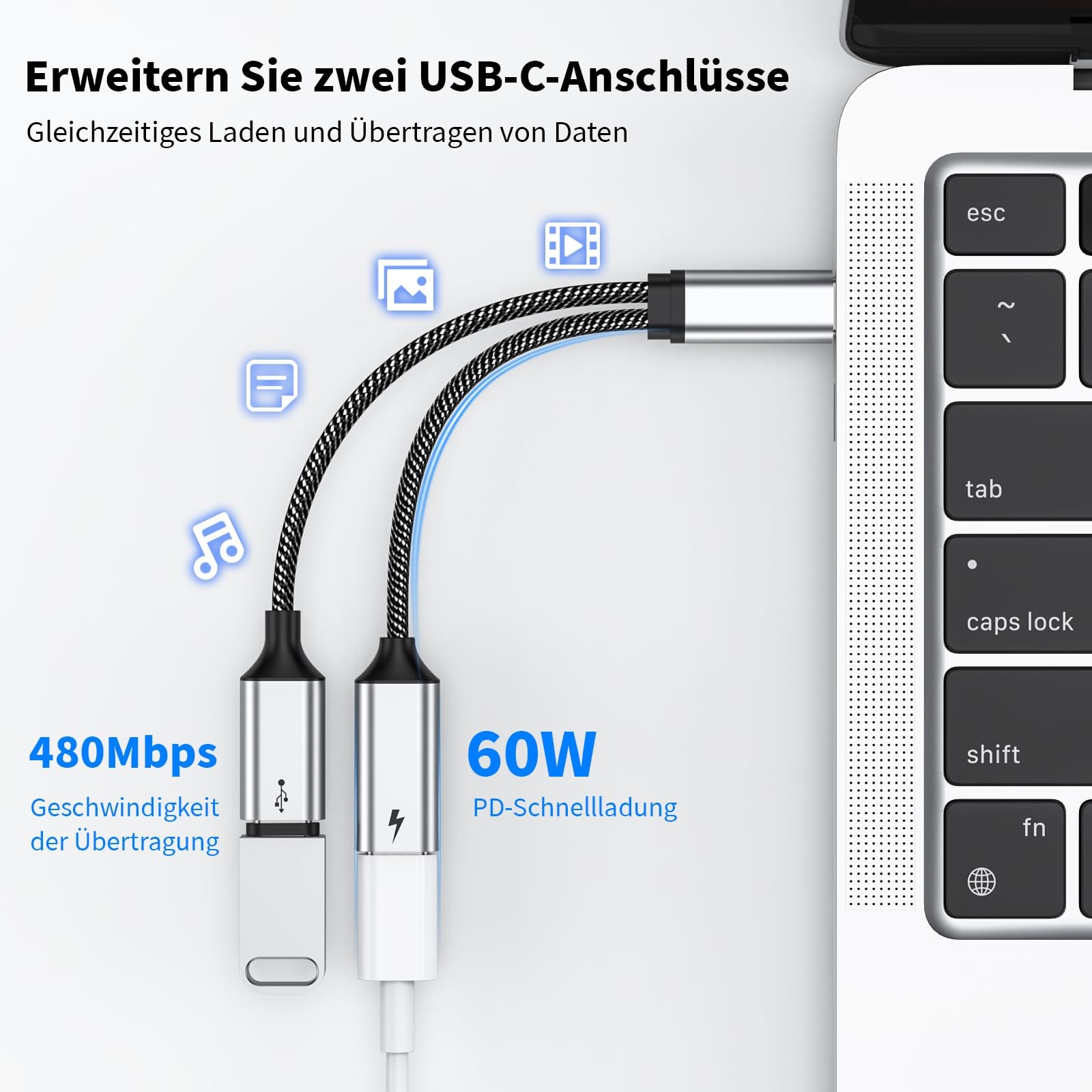 USB-C Splitter Y Cable Type C Male to Dual USB-C Female Port Hub Adapter