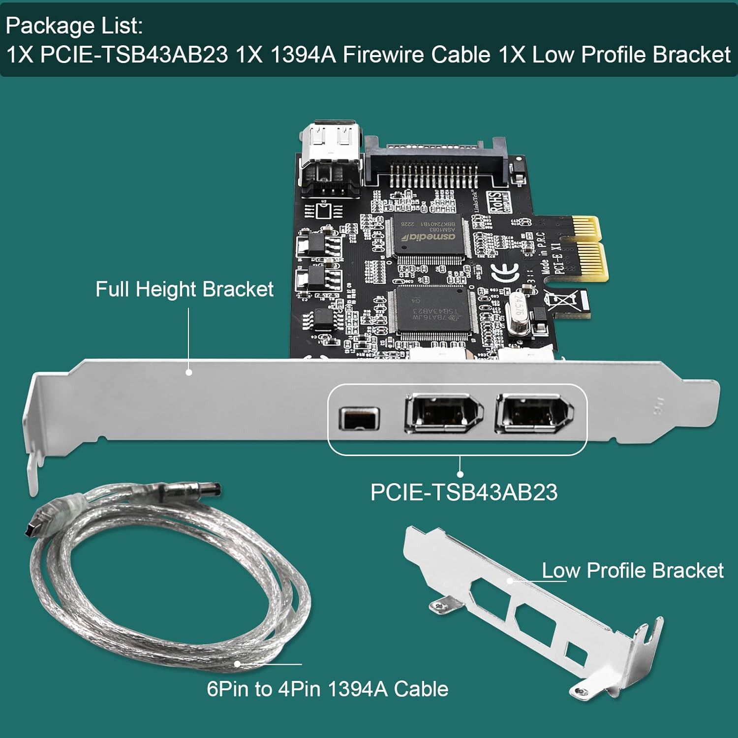 PCIE-TSB43AB23 4-Ports PCIE 1394A Firewire 400 Card for Windows OS and MAC OS
