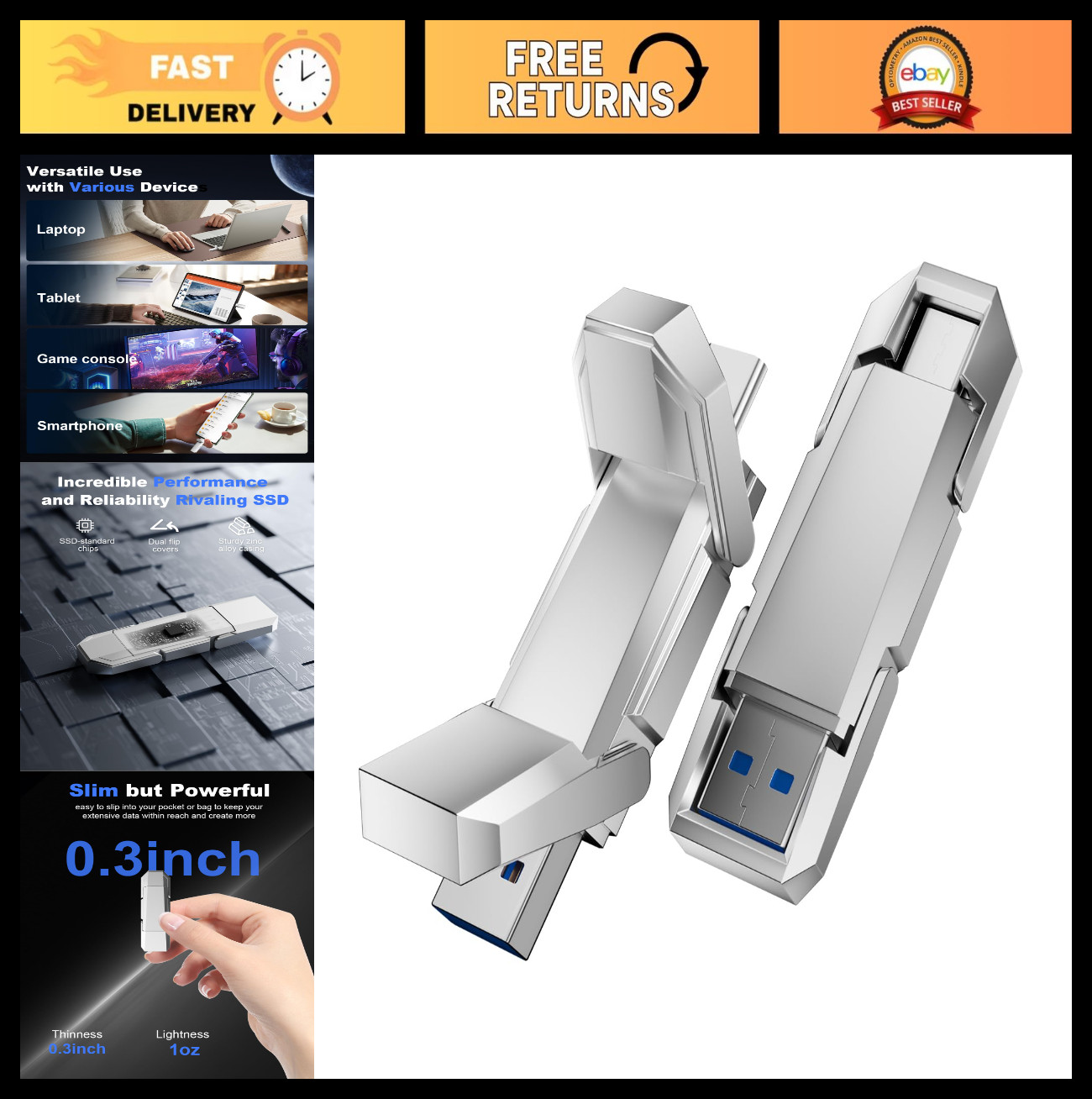 64GB Portable SSD External Drive, 450MB/s USB 3.2 Gen 2, Type C & USB A, Silver