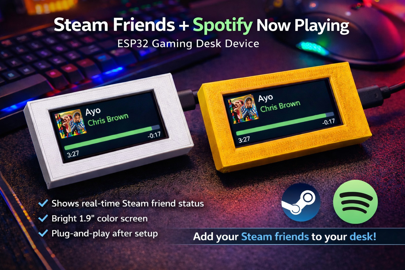 Steam Friends Display – Real-Time Gaming Desk Gadget, Desktop Tracker Device