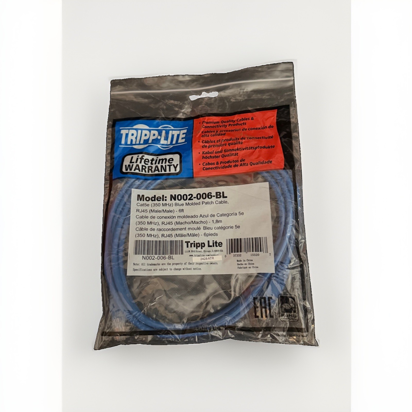 Tripp Lite Cat5e RJ45 Male-to-Male Round Ethernet Patch Cable 6 ft Blue
