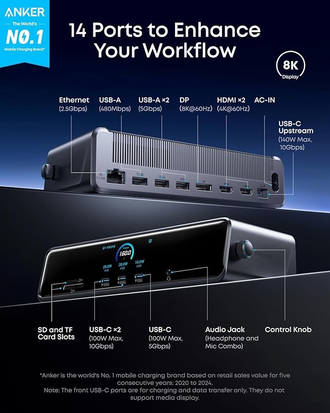 Anker Prime Docking Station (DL7400), 14-Port Triple Display with DisplayLink