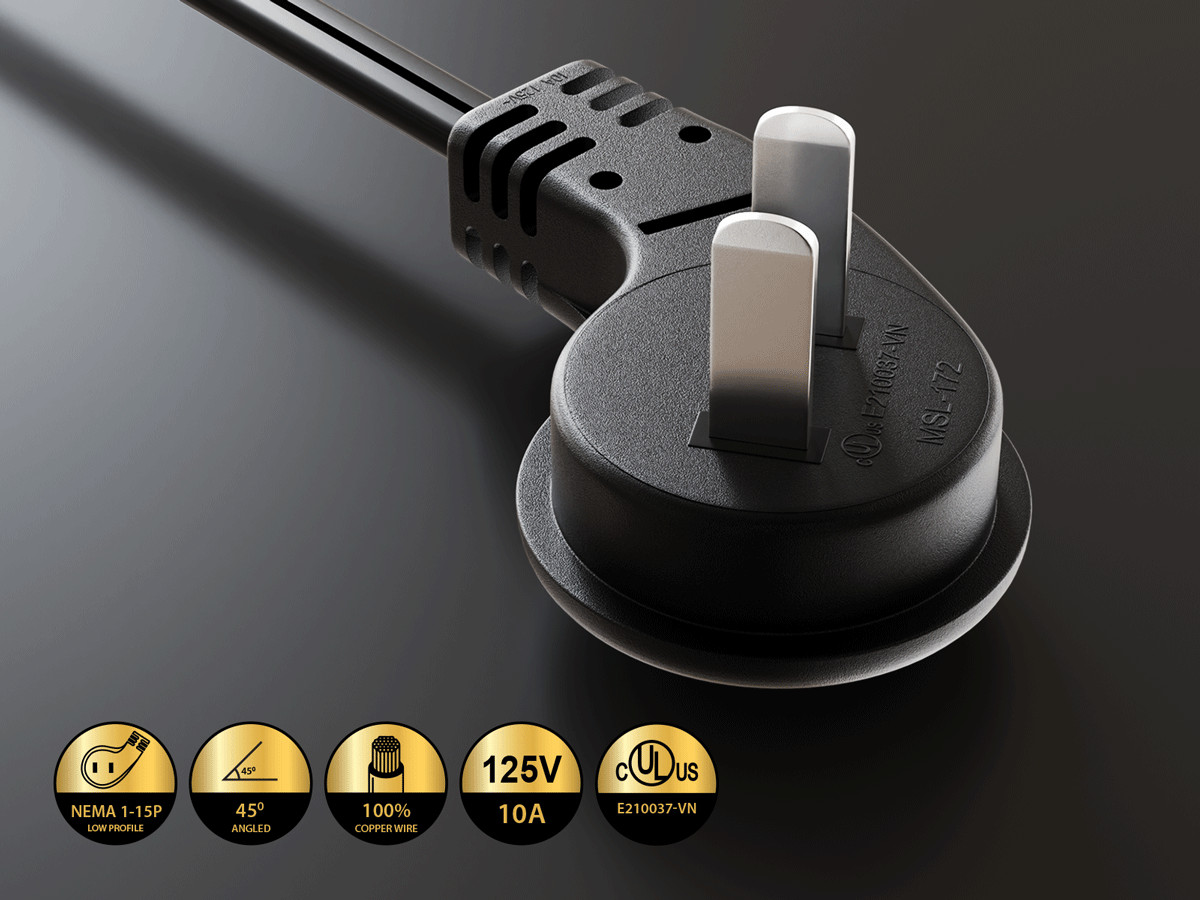 15ft Ultra Low Profile NEMA 1-15P Angled to C7 Non-Polarized Power Cord 18AWG…