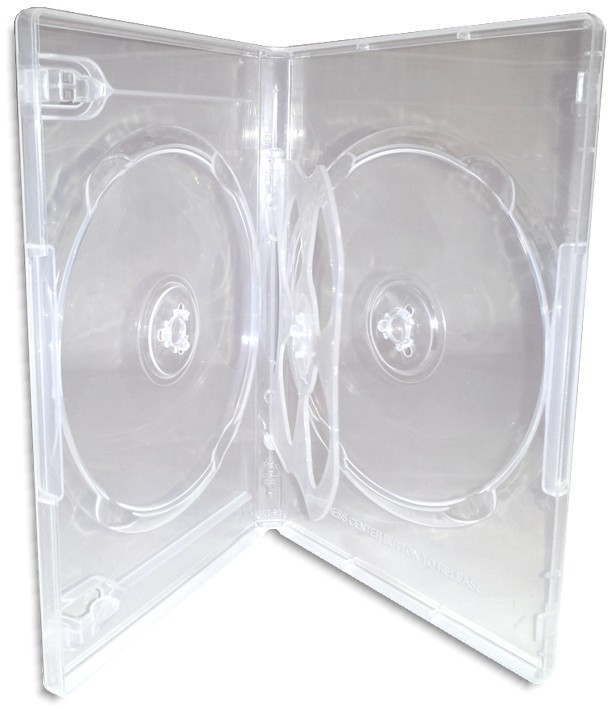QUAD-DISC =CLEAR= 14mm 4-Disc DVD Boxes with One Swinging Tray 10-Pak